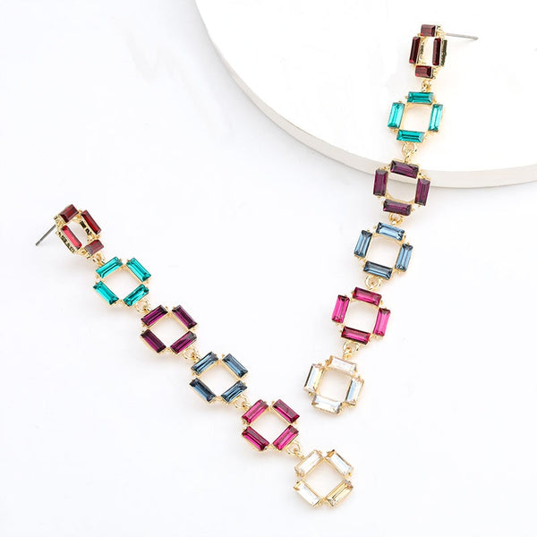 Fashionable Simple Women Multi-layer Square Rhinestone Pendant Earrings