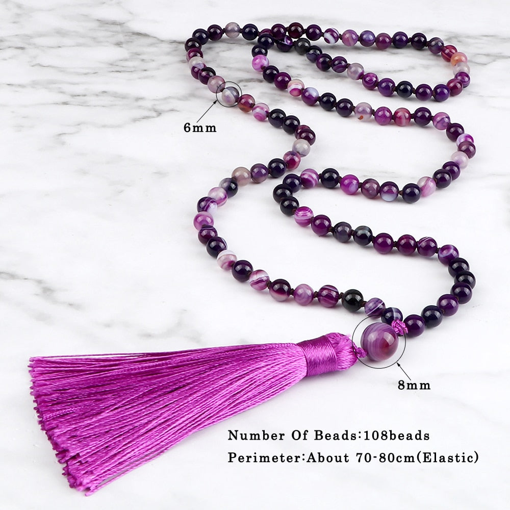 Women Mala Bohemian Tassel Necklace 108 Beads Natural Stone Purple Stripe Onyx Stone Beaded Necklace