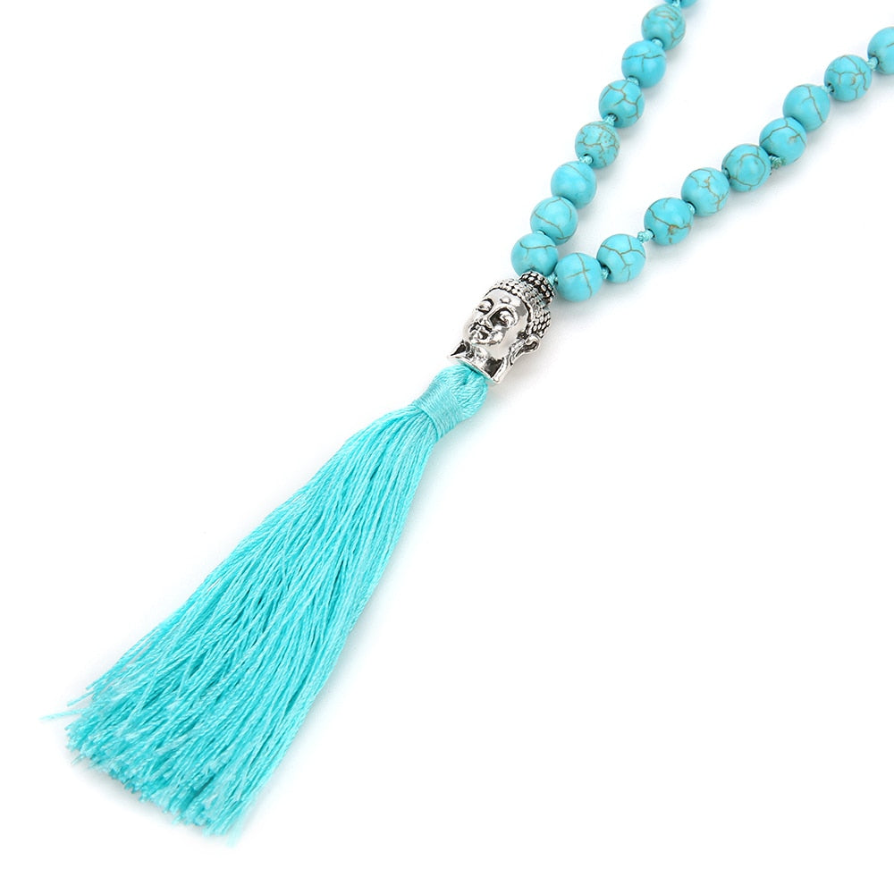 6/8mm Blue Turquoise Beads Knotted 108 Japa Mala Necklace