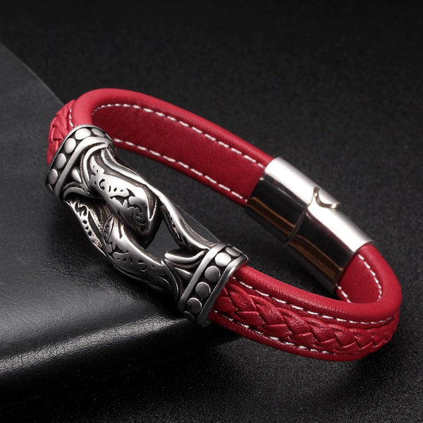 Vintage Handcuffs Stainless Steel Chain Link Cuff Bracelets Red Genuine Leather Bracelet