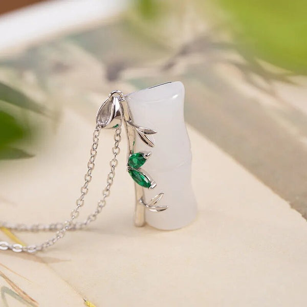 silver inlaid Hetian  jade bamboo Pendant Necklace