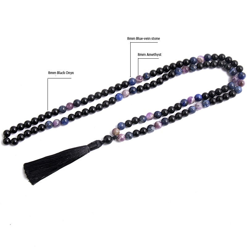 8mm Natural Black Onyx Amethyst Blue Sodalite Stone Beaded Necklace