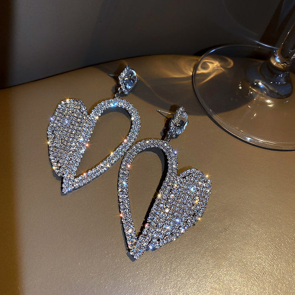 Shiny Heart Crystal Drop Earrings for Women Hollow Geometric Dangle Rhinestone Earrings