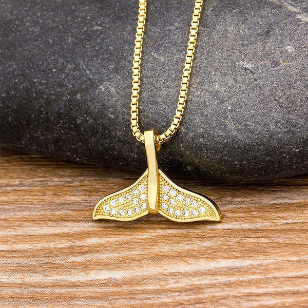 New Design Fashion Gold Color Copper Zircon Fish Tail Pendant Necklaces For Women