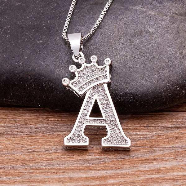 Fashion Luxury A-Z Crown Alphabet Pendant Chain Necklace