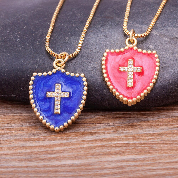 Classic Shield Shape Cross Multicolor Enamel Chain Necklace