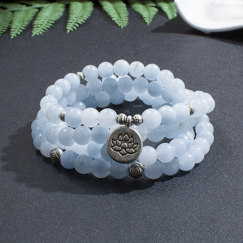 108 8mm Aquamarine Beaded Elastic Cord Wrap Mala Bracelet Meditation Yoga Healing Jewelry Women