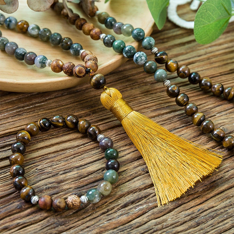 8mm Natural Yellow Tiger Eyes Indian Agate Tree Pattern Onyx 108 Japa Mala Beaded Necklace