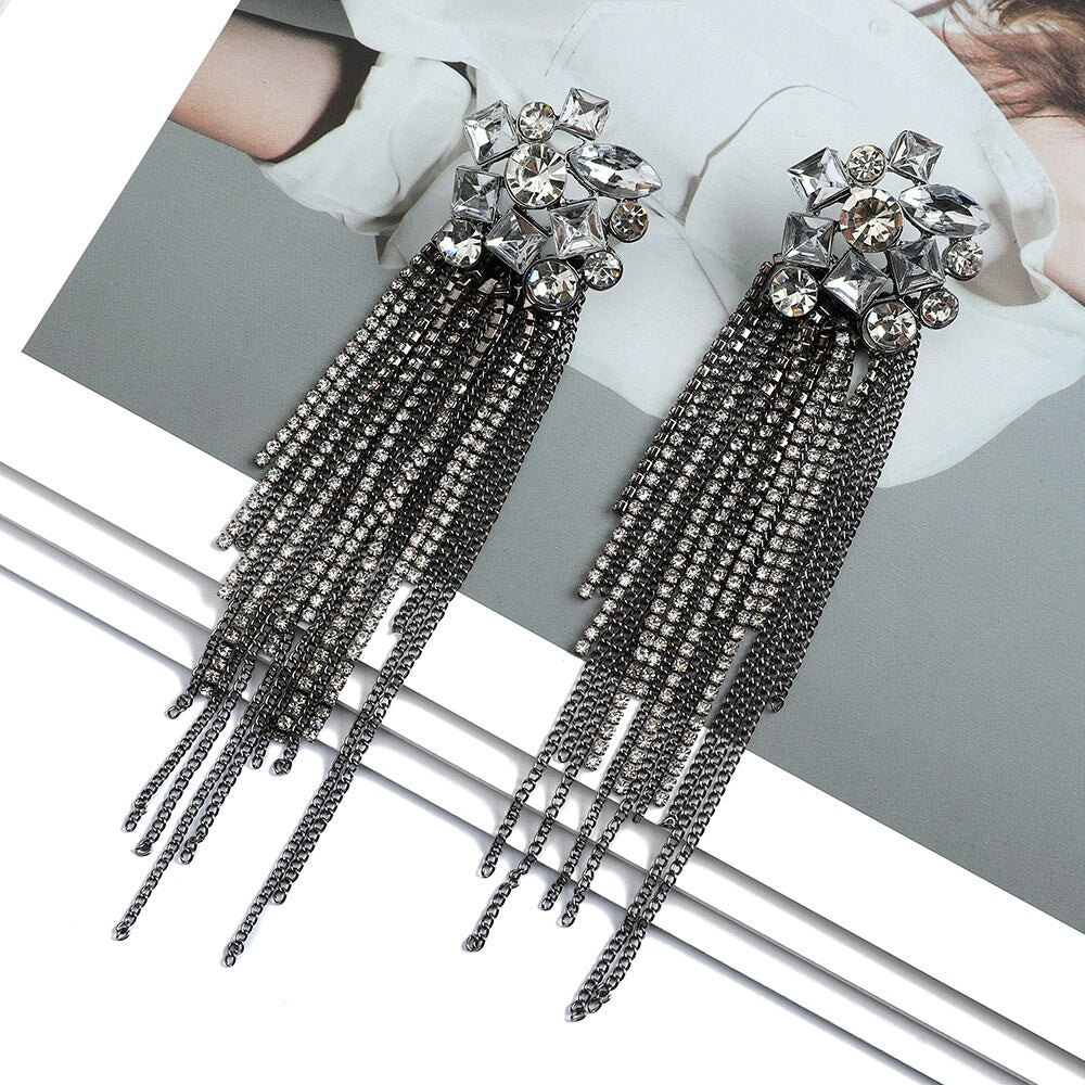 Fashion Metal Chain Inlay Colorful Rhinestone Tassel Dangle Earrings For Women