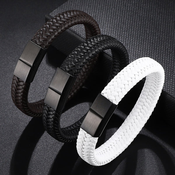 New Retro Button Braided Classic 3 Color Genuine Leather Bracelet for Men