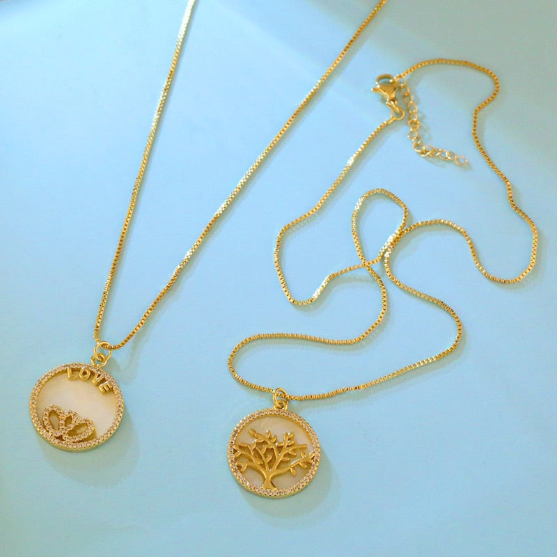 Shell Round Double Heart Necklace For Women Gold Plated Tree Of Life Pendant Necklace