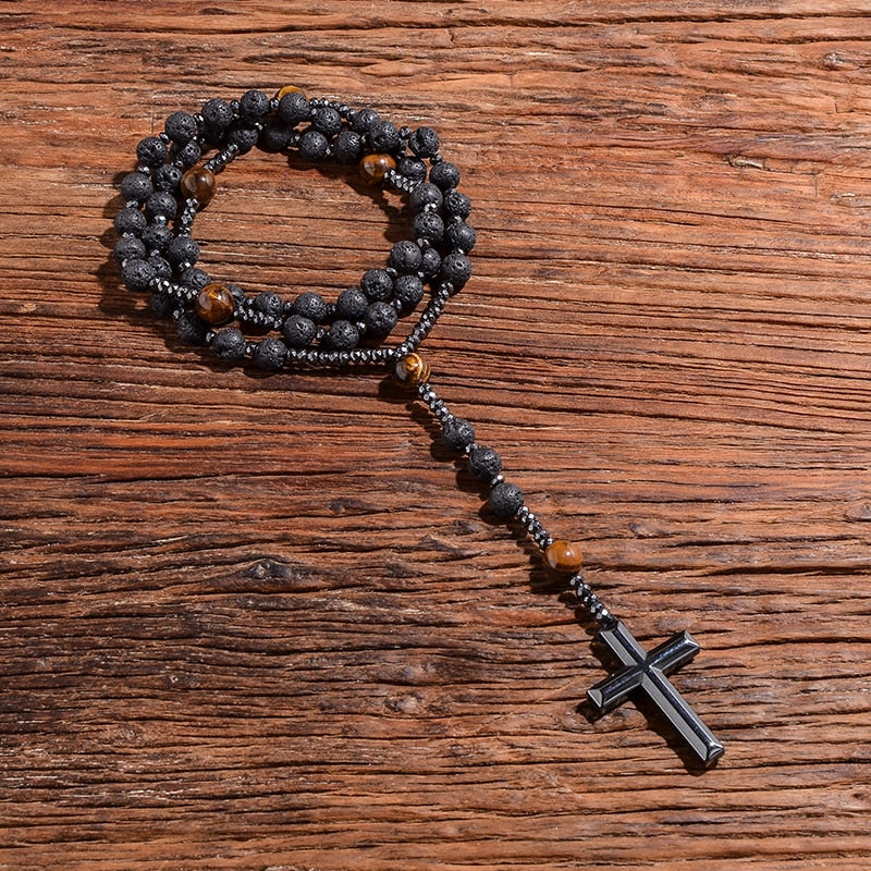 Black Lava Stone Yellow Tiger Eye Beaded Catholic Christ Cross Necklace