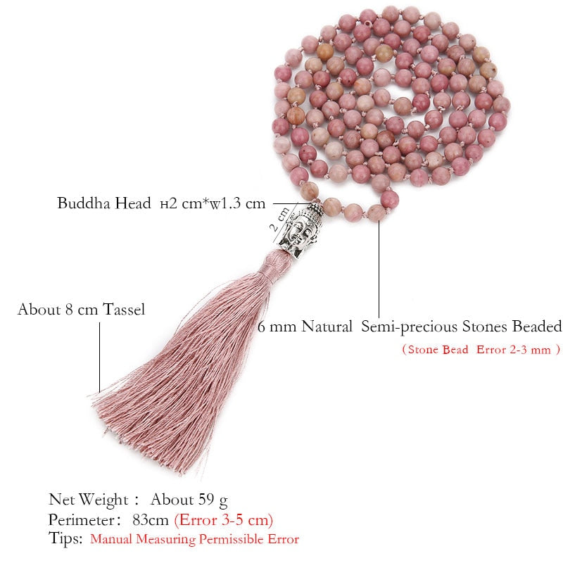 108 Mala Rhodolite Beaded Hand-Knotted Buddha Head Pendant