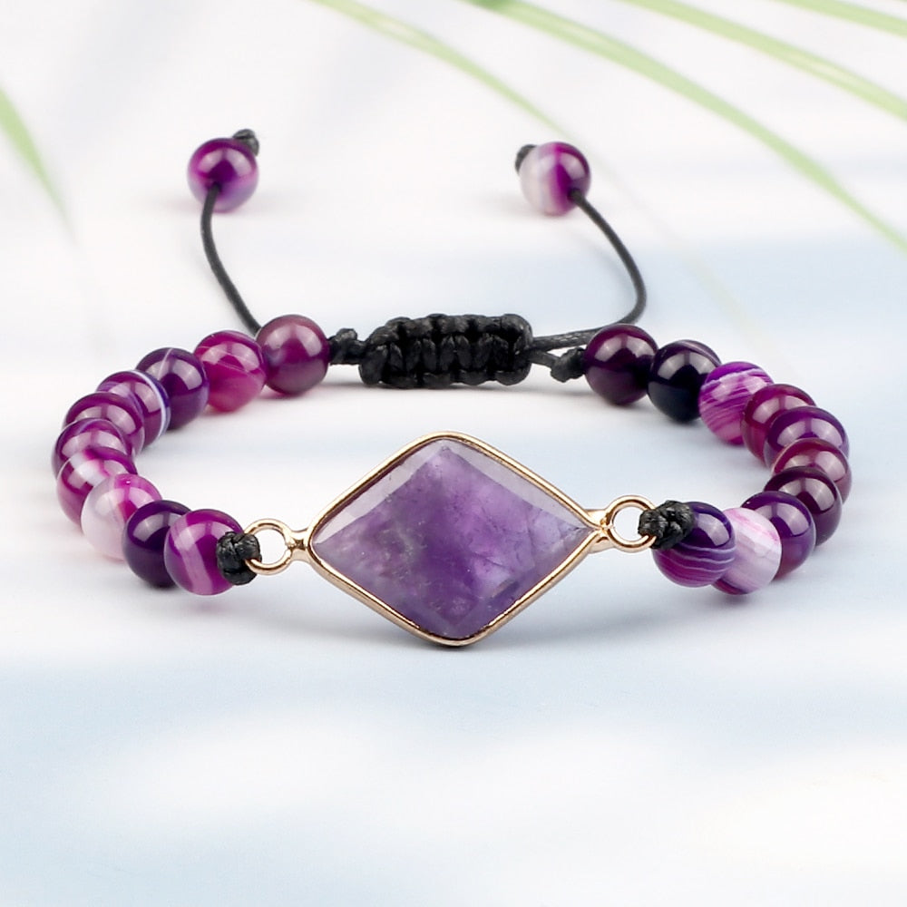 Natural Purple Stripe Onyx Stone Adjustable Beads Bracelets Braided String Bangle