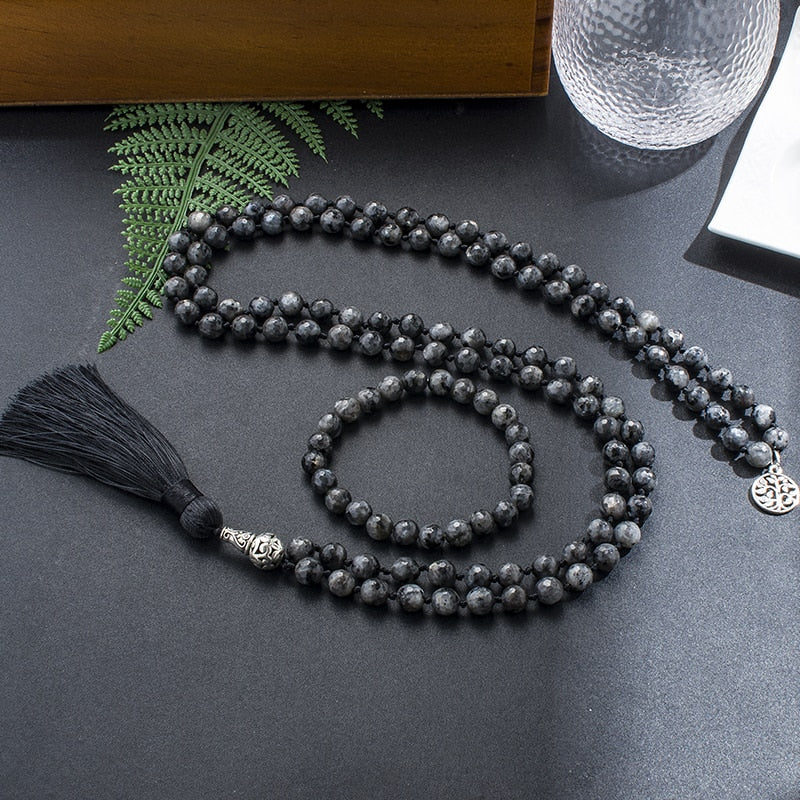 8mm Faceted Black Labradorite Beads Knotted Mala Necklace