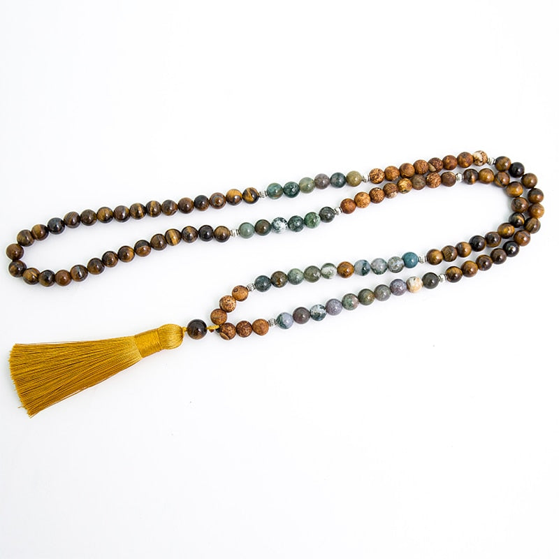 8mm Natural Yellow Tiger Eyes Indian Agate Tree Pattern Onyx 108 Japa Mala Beaded Necklace