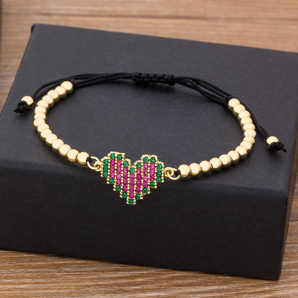 Romantic Couple Heart Bracelets Copper CZ Luxury Handmade Jewelry Adjustable Bead Bracelets