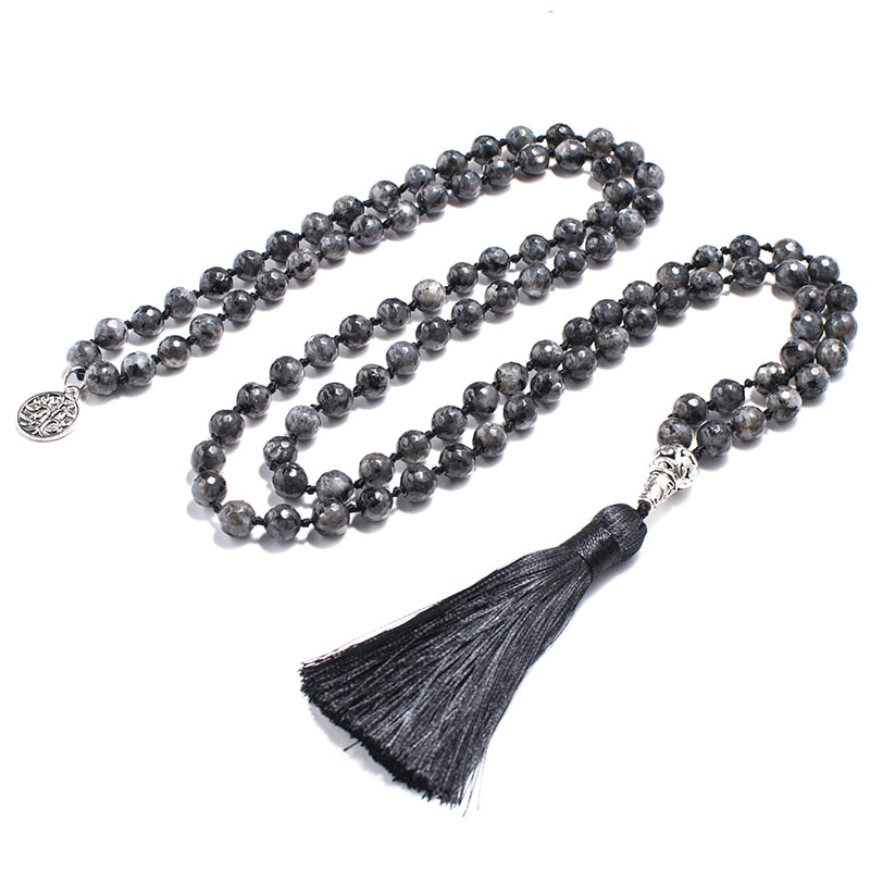 8mm Faceted Black Labradorite Beads Knotted Mala Necklace