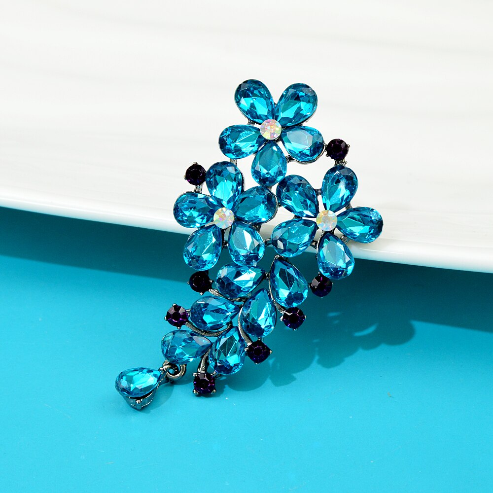 Crystal Blue Clor Flower Brooches For Women