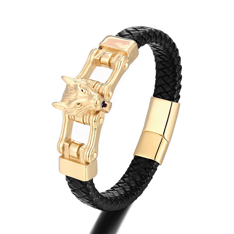 Luxury Men Bracelet Gold Lion Head Stainless Steel Leather Bracelets