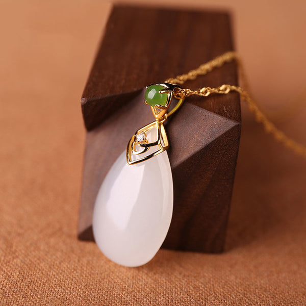 Original design inlaid natural Hetian white chalcedony drop-shaped pendant necklace