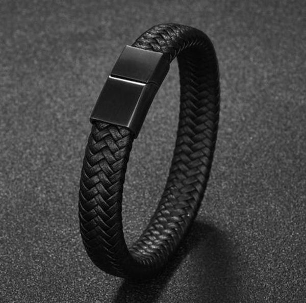 Classic Black Leather Bracelet Metal Magnetic Clasp Fashion Bracelet