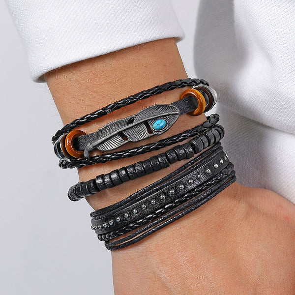 Vintage Black Braided Wrap Leather Bracelets for Men