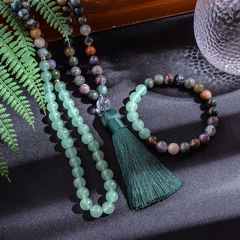 8mm Indian Agate Green Aventurine 108 Beads Japamala Necklace Bracelet Set