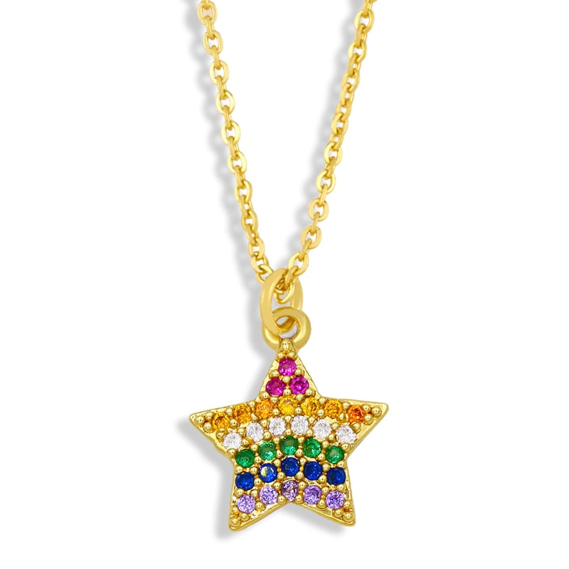 Multicolor Cross Necklace For Women CZ Pave Rhinestone Small Lightning Star Pendant Necklace