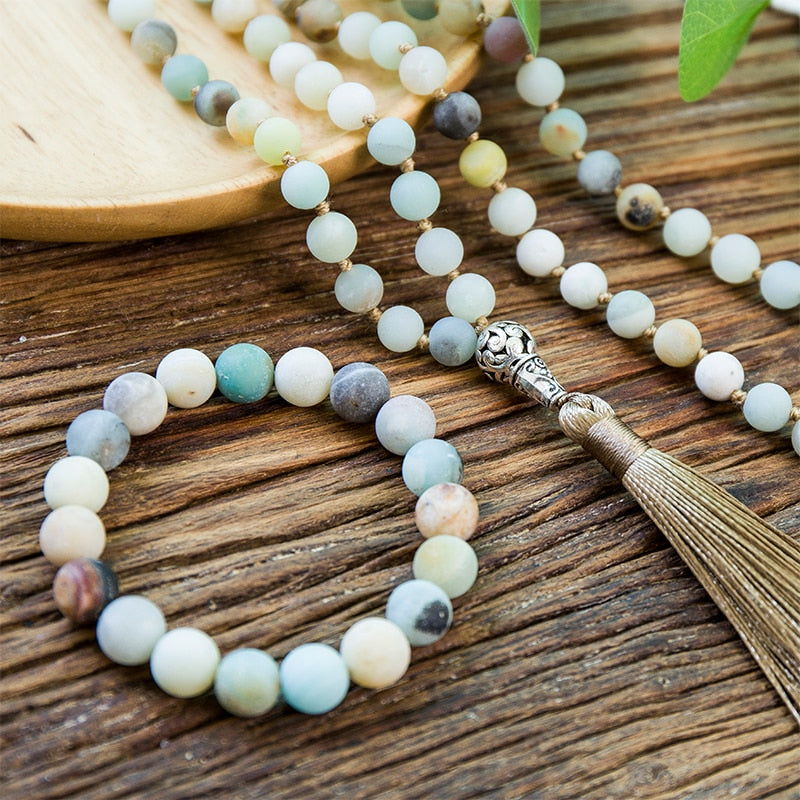 8mm Matte Amazonite Stone Beaded Knotted Necklace 108 Japa Mala Meditation Yoga Tibetan Pendent