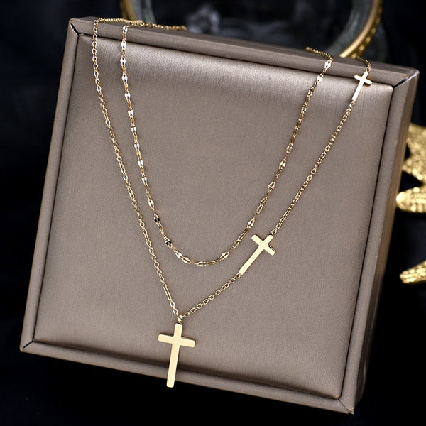 Cross Double Layer Necklace Female Chocker Simple Double Layer Cross Necklace