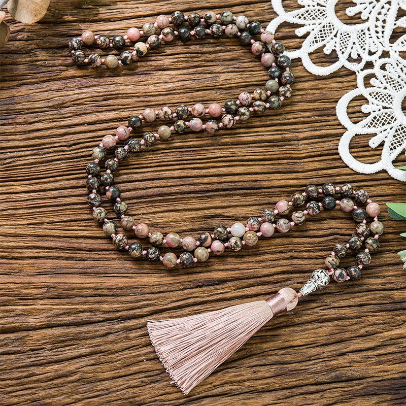 8mm Natural Black Line Rhodochrosite Beads Knotted Necklace