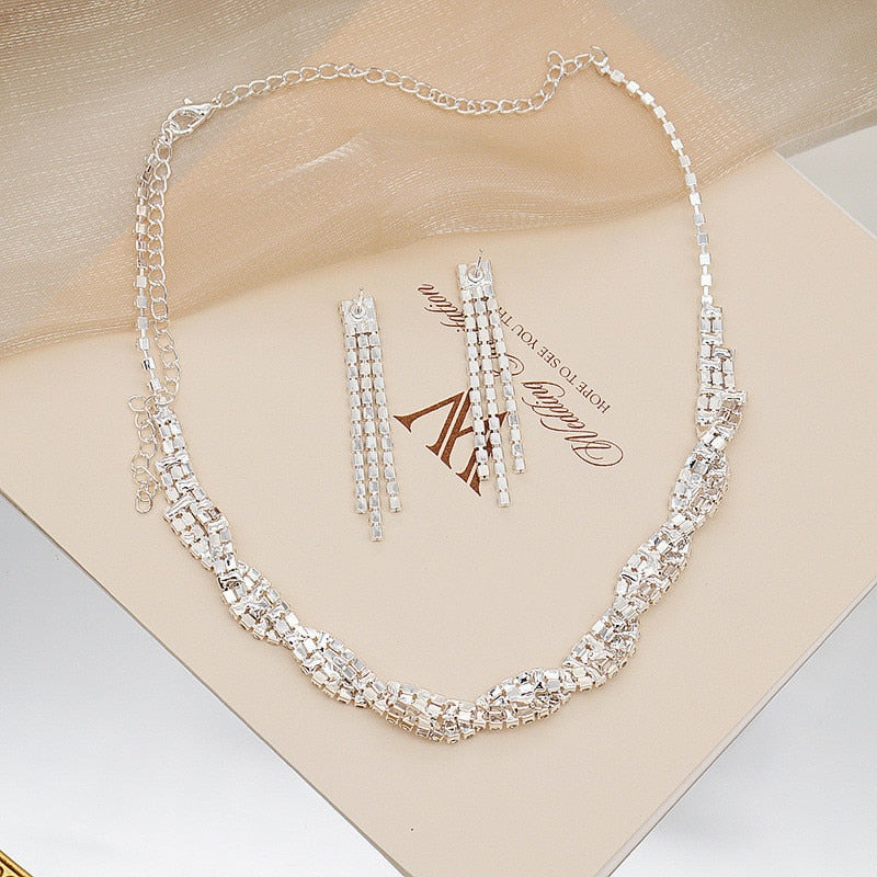 Simple Geometric Crystal Rhinestone Necklace Earrings For Women Wedding Bride Jewelry Sets