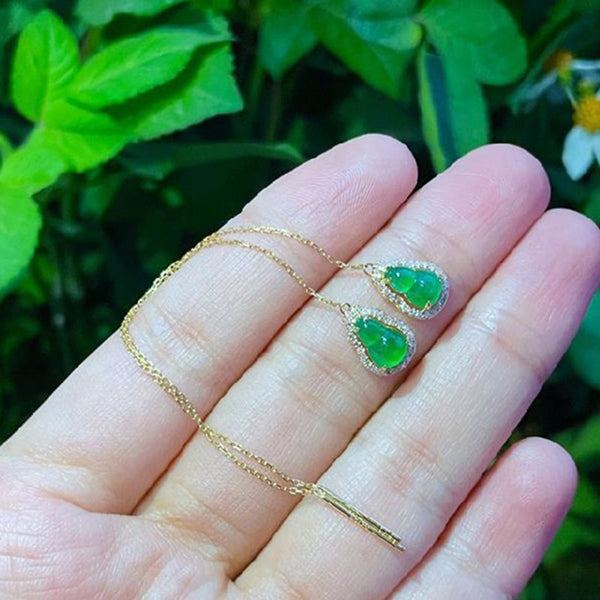 Creative full of diamonds natural Hetian jade green gourd Earings