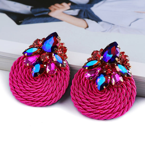 Fashion Ethnic Style Cotton Cord Weave Round Ear Accessories Vintage Sparkly Crystal Dangle Earrings