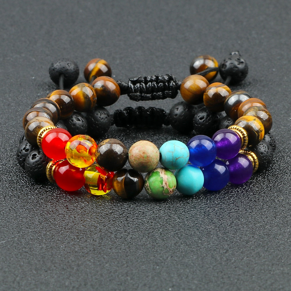 2pcs/set 7 Chakra Black Lava Beads Bracelets Natural Stone Yoga Adjustable Braided Bangle