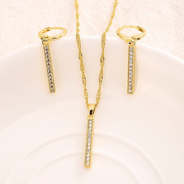 24k  gold cz stone  geometry Pendant Necklace chain Earrings sets