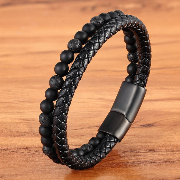 Men Bracelet Natural Stone Beads Double Layer Leather Bracelet