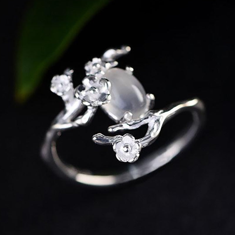 Moonlight White Chalcedony Plum Opening Adjustable Women Ring