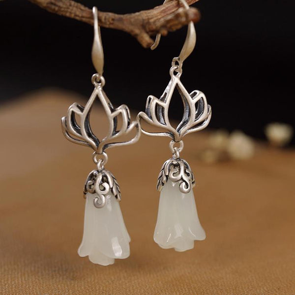 Original design natural Hetian white jade magnolia flower earrings