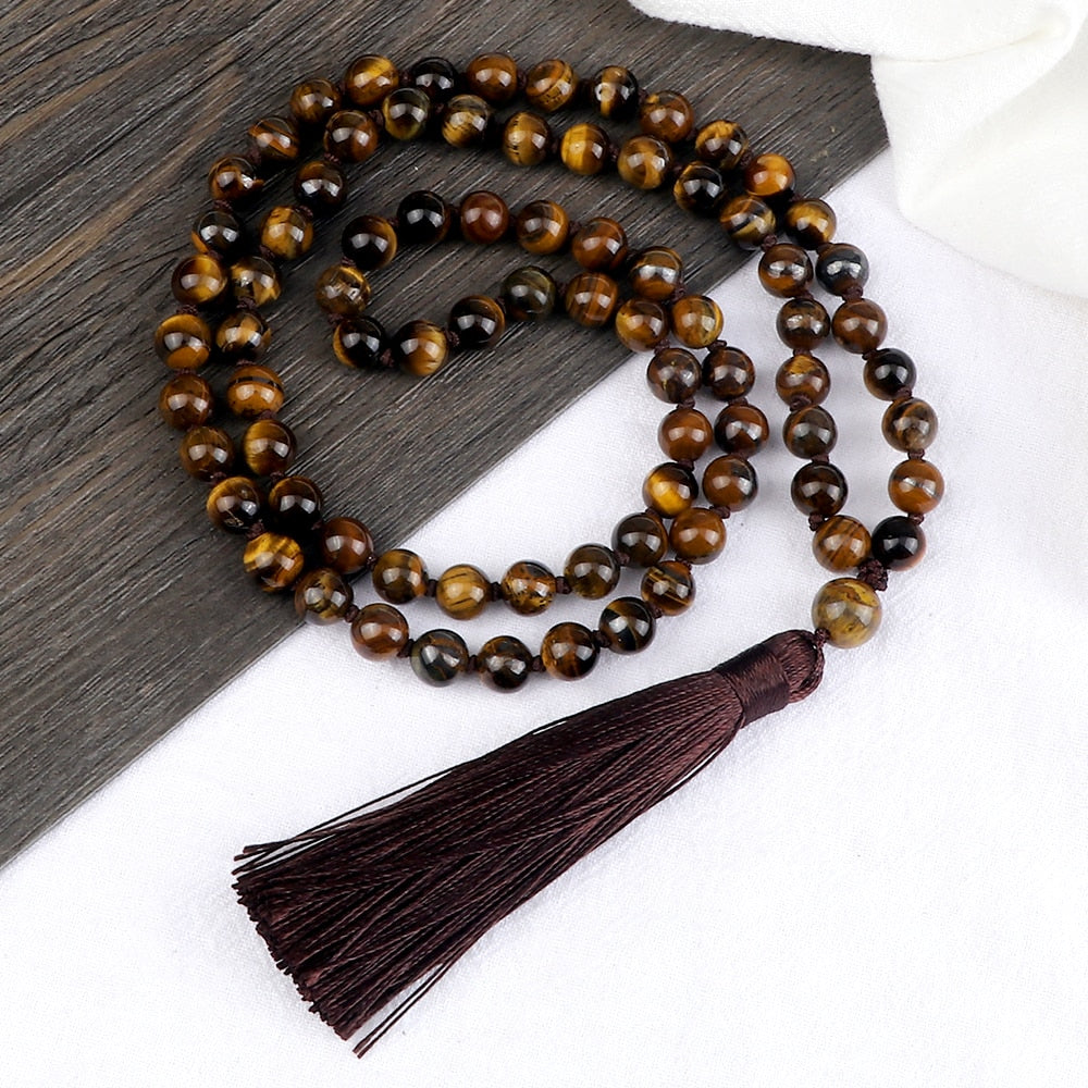 Trendy Men Beads Necklaces 8mm Natural Tiger Eye Stone Knotted Tibetan Buddhist Mala Necklaces