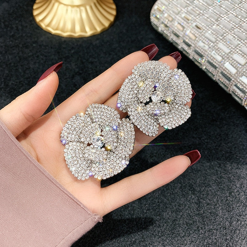 Full Rhinestone Crystal Stud Earrings Oversize Flower Crystal Earrings for Women