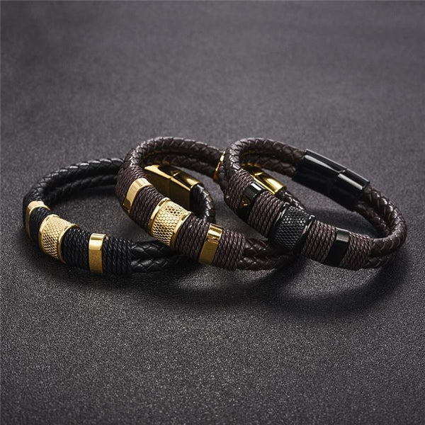 Fashion Braided Leather Bracelet Men Stainless Steel Magnetic Clasp  Classic Bangle