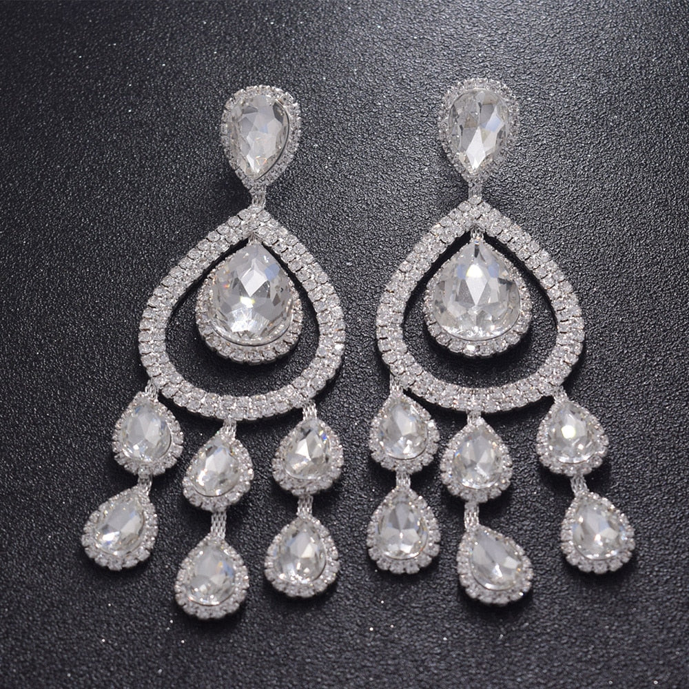 12.8cm length big size women exquisite dangle drop water rhinestones AB crystal earrings