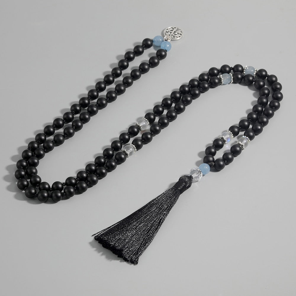 Matte Black Onyx Moonstone Knotted Beads 108 Mala Fashion Menand Women Necklace