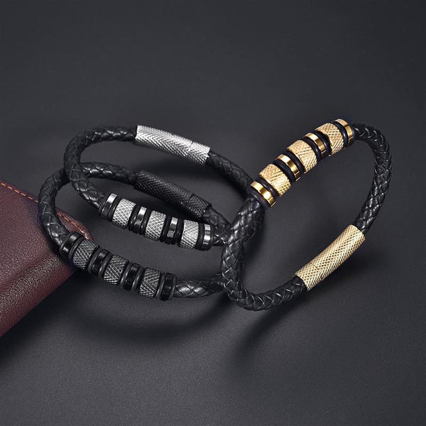 New Style Male Bracelet with Stainless Steel Beads Punk Braided Leather Bracelets