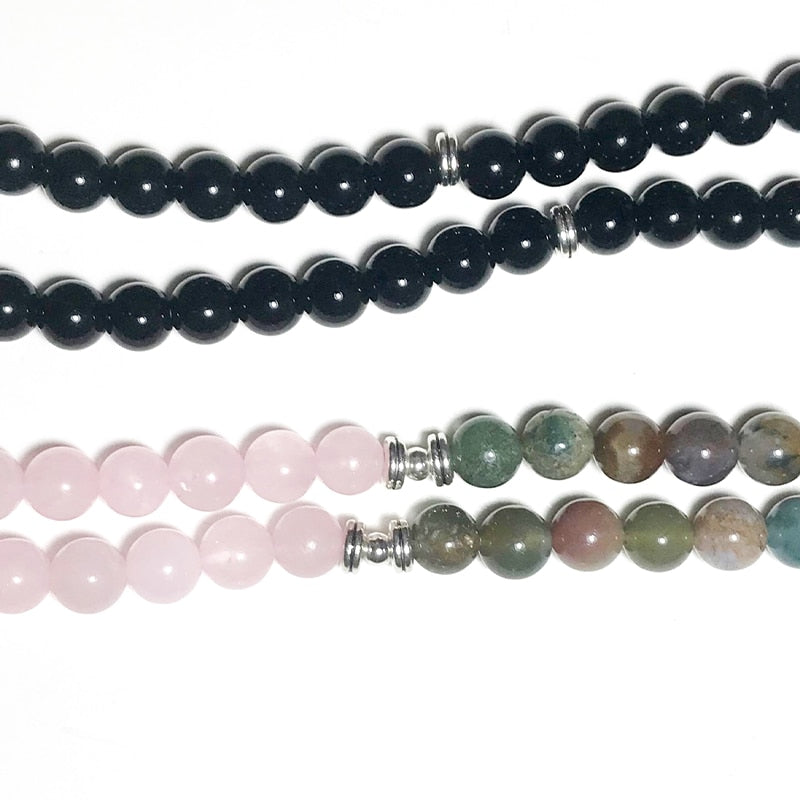 108 Mala Beaded Natural Stone Bracelet 8mm Black Onyx Rose Quartz Beaded