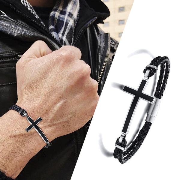 MEN BLACK CROSS DOUBLE BRAIDED LEATHER BRACELET MAGENTIC CLASP