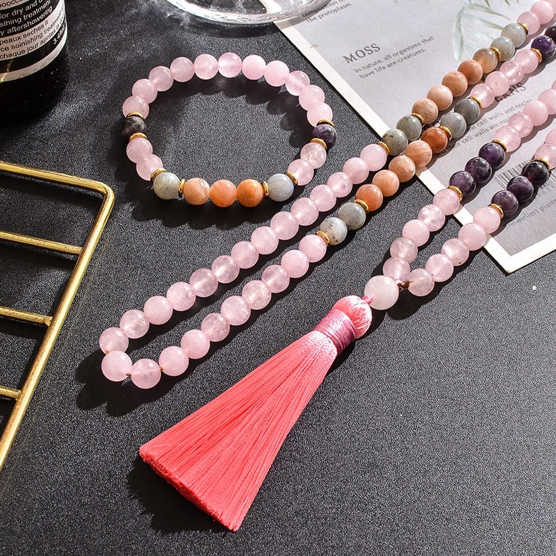 8mm Amethyst Sun Stone Rose Quartz Beaded Necklace Set Meditation Yoga Jewelry 108 Japa Mala Women Charm Tassel Rosary