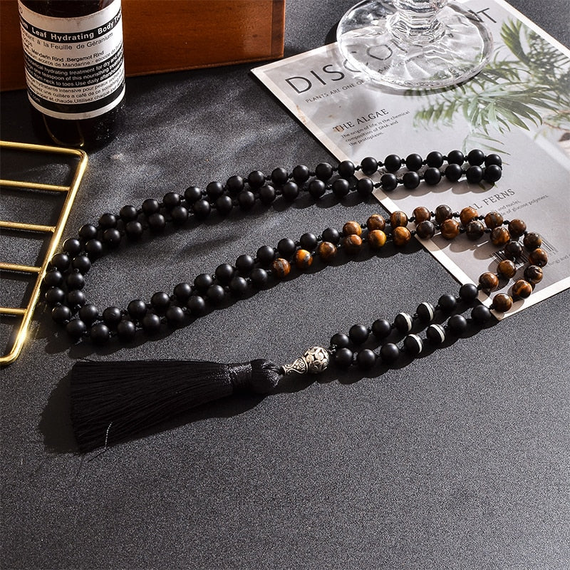 108 Beads Japa Mala 8mm Yellow Tiger Eye Matte Black Onyx Knotted Necklace